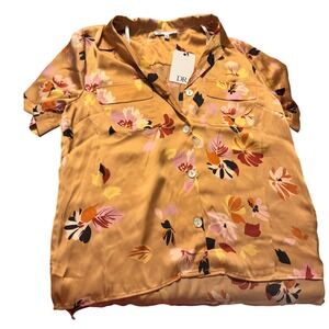 NWT DR2 Women Gold Floral Print Short Sleeve Collared Button Up Shirt Top Size L